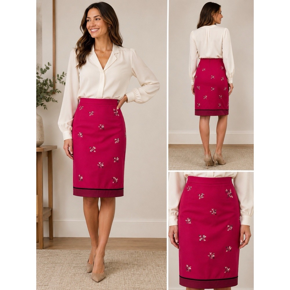 Vintage Casual Corner 100% Wool Embroidered Pencil Skirt Women's Size 6 Pink